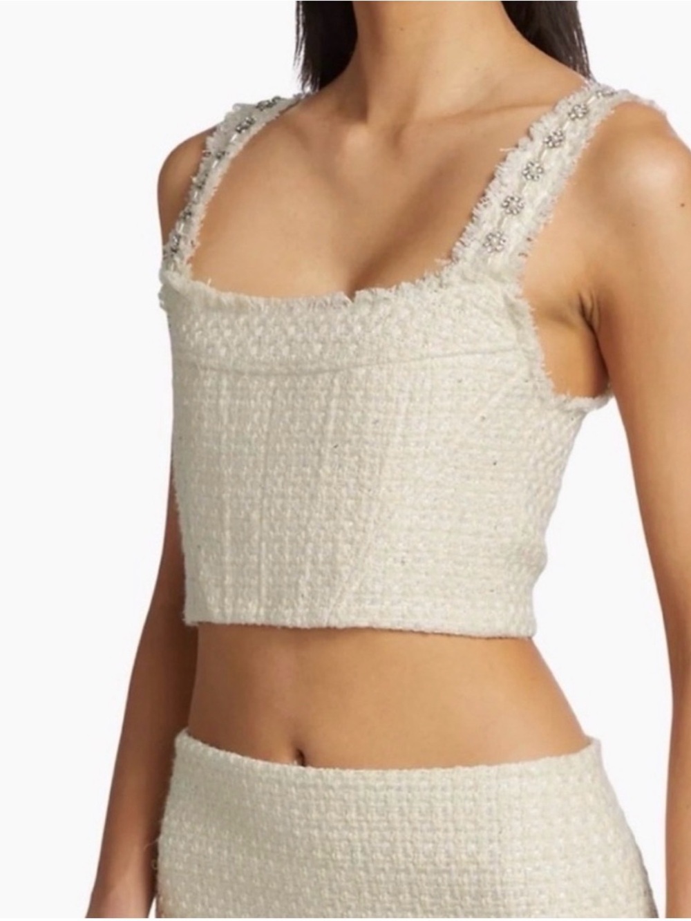 Alice + Olivia White Textured Tweed Crop Top with Embellished Straps